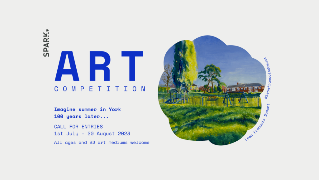 A photo with the text "Art competition - image summer in York 100 years later"
