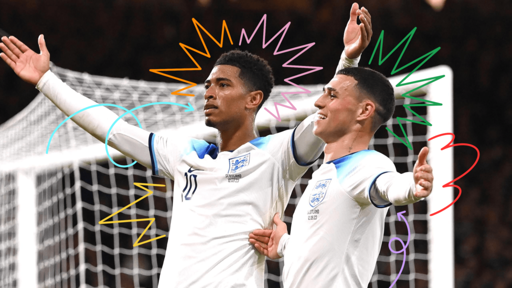 Two England footballers celebrating