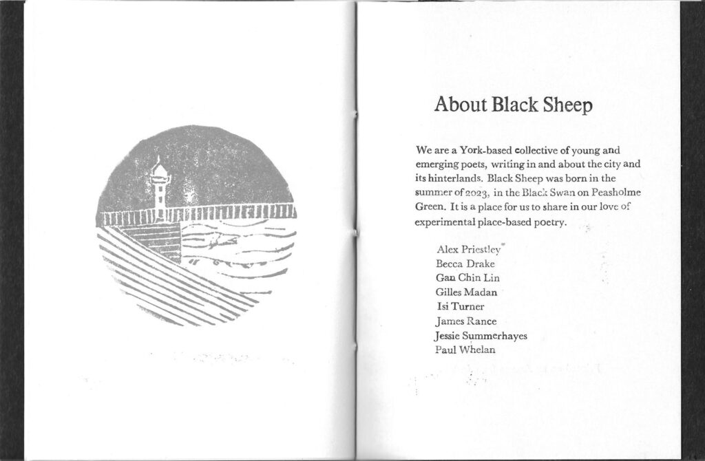 A book that says "About Black Sheet" which is a York-based collective of young and emerging poets